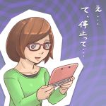  1girl brown_eyes brown_hair glasses myuutau_tadakichi nikki_(swapnote) nintendo_3ds nintendo_3ds_ll nintendo_3ds_xl nintendo_3ds_xl_(ll) open_mouth red-framed_glasses short_hair solo swapnote translation_request 