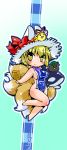  aburaage alternate_headwear barefoot blonde_hair blue_background bow breasts chen chen_(cat) chibi food fox_tail hair_ribbon hat hat_bow hat_ribbon ikuta_takanon multiple_tails naked_tabard ribbon short_hair sideboob simple_background smile solo tabard tail touhou yakumo_ran yakumo_yukari yellow_eyes 