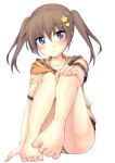  bare_legs barefoot blue_eyes blush brown_hair feet hair_ornament hairclip hand_on_knee hoodie looking_at_viewer no_pants original oruton panties sitting solo star striped striped_panties toes twintails underwear 