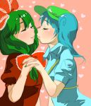  aqua_hair blush closed_eyes eyes_closed front_ponytail green_hair hair_ribbon hand_holding hat holding_hands incipient_kiss interlocked_fingers kagiyama_hina kawashiro_nitori magical_ondine multiple_girls nail_polish ribbon simple_background touhou twintails yuri 