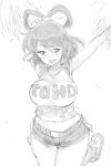  :d bare_legs blush breasts cheerleader clothes_writing contemporary greyscale hair_rings hair_stick highres jumping kaku_seiga large_breasts looking_at_viewer midriff monochrome navel open_mouth pom_poms rough sape_(saperon_black) shirt shoes short_shorts shorts simple_background sleeveless smile solo sweat touhou white_background 