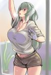  adult against_glass blush breast_press breasts breasts_on_glass cleavage cloth large_breasts long_hair navel open_mouth plant pot reaching red_eyes rozen_maiden rozenweapon shorts silver_hair solo suigintou sweat t-shirt taut_shirt thick_thighs thighs window 