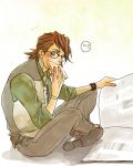  bespectacled bracelet bread brown_eyes brown_hair eating facial_hair food glasses indian_style jewelry kaburagi_t_kotetsu kocho2012 male necktie reading sitting solo stubble tiger_&amp;_bunny vest waistcoat watch wristwatch 
