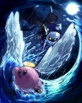  bat_wings blue_eyes blush_stickers caramel_(artist) cloud clouds gloves halo highres kirby kirby_(series) mask meta_knight moon night night_sky no_humans ocean open_mouth pauldrons sky water waves wet wings yellow_eyes 