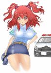  1girl blush breasts car hair_bobbles hair_ornament hat hat_removed headwear_removed huge_breasts impossible_clothes impossible_shirt miniskirt motor_vehicle onozuka_komachi police police_car police_uniform policewoman red_eyes red_hair redhead short_twintails skirt solo straining_buttons taut_shirt touhou twintails uniform vehicle yoru_ha 