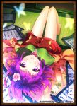  bare_legs barefoot bon bow butterfly flower gosicks hieda_no_akyuu insect japanese_clothes long_sleeves purple_eyes purple_hair scrolls short_hair solo touhou upside-down violet_eyes 