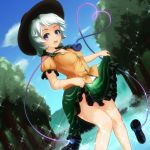  1girl aqua_hair blouse blue_eyes blue_sky clouds collarbone dutch_angle forest frills hat heart heart_of_string komeiji_koishi looking_at_viewer motomayo mountain nature open_mouth outdoors rock shoes_removed short_hair short_sleeves skirt skirt_lift sky solo sparkle stream third_eye touhou 