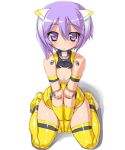  busou_shinki character_request dd_(artist) doll_joints gloves kneeling leotard partio purple_eyes purple_hair short_hair simple_background thigh-highs thighhighs violet_eyes 