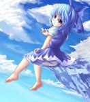  :3 adworse bare_legs barefoot blue_eyes blue_hair bow cirno cloud clouds feet hair_bow ice icicle looking_back panties pantyshot popsicle short_hair sitting sky solo touhou underwear white_panties 