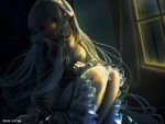  black blonde_hair chii chobits dark dated dress frilled_sleeves highres long_hair night realistic sad sitting solo takesanhoukine window 