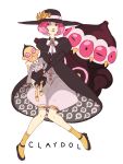  1girl claydol doll dress formal hat holding marionette personification pink_hair pokemon ribbon short_hair sitting 