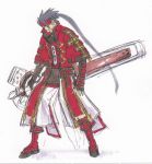  1boy arc_system_works black_hair capelet concept_art fingerless_gloves forehead_protector gloves guilty_gear headband long_hair official_art ponytail sketch sol_badguy solo very_long_hair 
