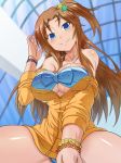  bare_shoulders bikini blue_eyes bracelet breasts brown_hair bursting_breasts cleavage emanon123 hair_ornament idolmaster idolmaster_cinderella_girls jewelry large_breasts legs long_hair matsumoto_sarina one_side_up side_ponytail sleeves_pushed_up smile solo spread_legs swimsuit thighs under_boob underboob 