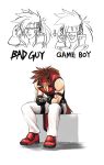  1boy brown_hair fingerless_gloves frown gloves guilty_gear handheld happy headset highres kihou_kanshouzai long_hair muscle playing_games ponytail sitting smile sol_badguy solo spiky_hair vest virtual_boy 