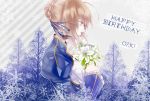  ahoge bad_id blonde_hair blue_eyes bouquet dress fate/zero fate_(series) flower hair_bun hair_ribbon lily_(flower) profile ribbon saber solo toweru 