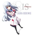  blush boots crossed_arms eyepatch grune highres infinite_stratos laura_bodewig long_hair looking_at_viewer red_eye silver_hair solo standing 
