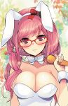  animal_ears bare_shoulders blush bowtie breasts bunny_ears bunny_girl bunnysuit bust cleavage copyright_request fake_animal_ears glasses large_breasts lips long_hair looking_at_viewer pink_eyes pink_hair rabbit_ears red-framed_glasses shindou_(fuguri) solo wrist_cuffs 