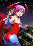  :d ass bat_wings blue_legwear blurry bridal_gauntlets demon_girl flat_chest flying from_above head_wings jean-louis_(yuasa_rengou) lilith_aensland looking_back night open_mouth pantyhose print_pantyhose red_eyes smile snowing solo succubus vampire_(game) wings 
