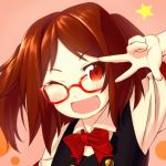  :d ;d blush bowtie brown_hair bust fang glasses looking_at_viewer open_mouth original pink_background red-framed_glasses red_eyes simple_background smile solo star tahoo twintails v wink 