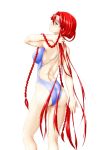  ass back blue_eyes blush braid competition_swimsuit highres hong_meiling long_hair niwatazumi no_hat no_headwear one-piece_swimsuit red_hair redhead simple_background smile solo swimsuit touhou twin_braids very_long_hair white_background 