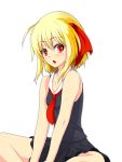  blonde_hair collarbone hair_ribbon highres necktie open_mouth red_eyes ribbon rumia s-ghost short_hair sitting sleeveless solo touhou white_background 