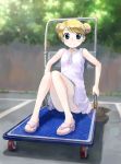  aqua_eyes arm_support bangs blonde_hair convenient_leg double_bun dress feet hand_truck ikeda_jun lens_flare original parted_bangs polka_dot sandals short_hair sitting smile solo sundress toes white_dress 