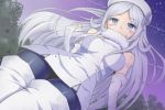  1girl aila_jyrkiainen bare_shoulders beret blue_eyes boots elbow_gloves from_below fur_trim gloves gundam gundam_build_fighters hat kaosu_nigou long_hair pantyhose sky solo star_(sky) starry_sky thigh_boots thighhighs white_hair 