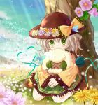  animal blush bow closed_eyes cloud clouds crossover daiso eyes_closed flower green_eyes hat hat_bow komeiji_koishi long_sleeves open_mouth pokemon sheep silver_hair sky smile solo sparkle third_eye touhou tree whimsicott wide_sleeves 
