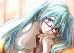  ahoge alternate_costume aqua_eyes aqua_hair arm_rest chair curtains desk glasses hatsune_miku head_rest highres long_hair looking_at_viewer looking_back masami_chie red-framed_glasses shirt sitting smile solo twintails very_long_hair vocaloid 