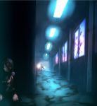  blood blood_stain commentary fluorescent_lamp gun highres injury onibi_(foxhound4185) original school twilight weapon window 