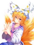  amayofuu blonde_hair blush collarbone fox_tail hands_clasped hat long_sleeves multiple_tails red_eyes short_hair smile solo tail touhou white_background wide_sleeves yakumo_ran 