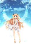  bare_shoulders blonde_hair blue_eyes blue_sky blush btoor dress feathers greek_toe hair_ornament highres long_hair robot_ears sandals see-through seeu sky solo two_side_up very_long_hair vocaloid white_dress wings 