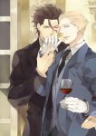  ahoge black_hair blonde_hair blue_eyes cup fate/zero fate_(series) formal get3 gloves hand_kiss kayneth_archibald_el-melloi kiss lancer_(fate/zero) male mole multiple_boys suit white_gloves wine wine_glass wink yellow_eyes 