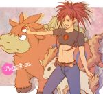  1girl asuna_(pokemon) belt breasts camerupt gym_leader jeans k_knuckle midriff poke_ball pokemon pokemon_(creature) pokemon_(game) pokemon_rse ponyta ponytail red_eyes red_hair redhead scrunchie 