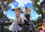  blonde_hair blue_eyes bow brown_eyes cloud clouds cup dress flower hair_bow hat hat_ribbon long_hair multiple_girls original ribbon risutaru sitting sleeveless sleeveless_dress teacup teapot tree twintails 