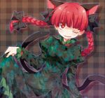  animal_ears bow braid cat_ears fang hair_bow hime_takeo kaenbyou_rin long_hair long_sleeves open_mouth puffy_sleeves red_eyes red_hair redhead slit_pupils smile solo takeoo touhou twin_braids wink 