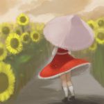  checkered_skirt flower flower_field from_behind kazami_yuuka magical_ondine plaid plaid_skirt skirt skirt_set socks solo sunflower touhou umbrella wind_lift 
