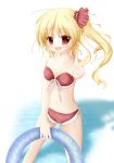  alternate_costume bikini blonde_hair blush collarbone flandre_scarlet flat_chest hair_ornament no_hat no_headwear open_mouth red_eyes short_hair side_ponytail solo swimsuit touhou v 