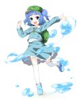  backpack bag blue_eyes blue_hair hair_bobbles hair_ornament hat highres kawashiro_nitori key long_sleeves masa_nori open_mouth short_twintails solo thighhighs touhou twintails water 