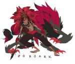  1boy barefoot dark_skin long_hair male personification pokemon polearm ponytail shirtless simple_background spear weapon zoroark 