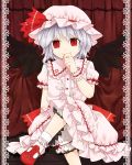  bat_wings crossed_legs curtains fang hat hat_ribbon legs_crossed mary_janes puffy_sleeves red_eyes remilia_scarlet ribbon shoes short_hair short_sleeves silver_hair sitting slit_pupils smile solo touhou wings wrist_cuffs yamamaru 