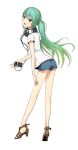  casual cellphone couzone green_hair hatsune_miku headphones high_heels long_hair open_shoes phone sandals shorts simple_background solo twintails vocaloid white_background 