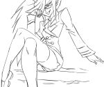  1girl bb_(baalbuddy) crossed_legs demon_girl fang female formal glasses hair_over_one_eye horn kneesocks_(psg) legs legs_crossed long_hair miniskirt miniskirt_pirates monochrome panties panty_&amp;_stocking_with_garterbelt pantyshot ponytail semi-rimless_glasses sitting sketch skirt skirt_suit solo suit thighhighs underwear 