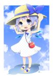  alternate_costume bag blue_eyes blue_hair blush bow cirno cloud clouds collarbone hat hat_bow ice ice_wings open_mouth shining sky sleeveless solo touhou uta_(kuroneko) wings 