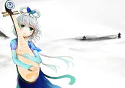  blush green_eyes highres holding instrument jiaoshouwen luo_tianyi simple_background vocaloid 