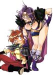  90s araizumi_rui bent_over blue_eyes blush boots breasts cape cleavage earrings gloves jewelry lina_inverse multiple_girls naga_the_serpent pauldrons purple_hair red_eyes red_hair redhead slayers 