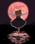  black blonde_hair closed_eyes dress full_moon hair_ribbon mitsumoto moon moonlight necktie night night_sky outstretched_arms red_moon ribbon ripples rumia shoes short_hair sky smile socks solo spread_arms standing_on_water touhou water 