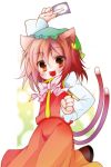  animal_ears brown_hair cat_ears chen earrings hat jewelry multiple_tails ribbon spellcard tail touhou yellow_eyes 