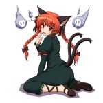  animal_ears braid cat_ears cat_tail floating_skull ghost kaenbyou_rin kneeling leg_ribbon looking_back multiple_tails no_socks pointing pointing_at_self red_eyes red_hair redhead ribbon shoes simple_background sitting solo tail touhou twin_braids twintails vfenster wariza white_background 