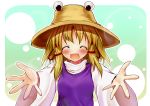  blush closed_eyes eyes frog hat moriya_suwako ribbon scarlet_(studioscr) short_hair smile touhou 
